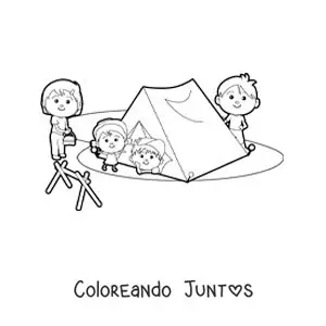 Imagen para colorear de una familia kawaii en un campamento