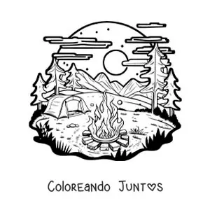 Imagen para colorear de una carpa en el bosque junto a una fogata
