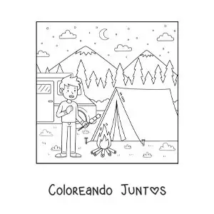Imagen para colorear de un niño acampando comiendo malvaviscos junto a una fogata