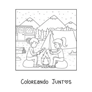 Imagen para colorear de una chica y un chico junto a una fogata en un campamento