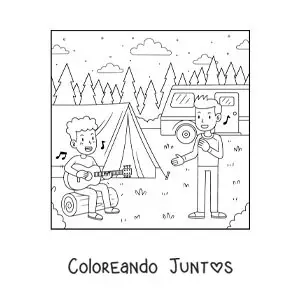 Imagen para colorear de dos niños con una guitarra cantando en un campamento