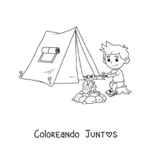 Imagen para colorear de un niño asando malvaviscos junto a una carpa