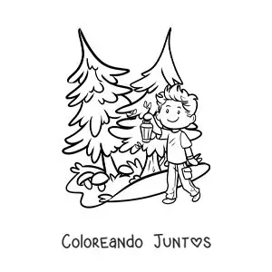 Imagen para colorear de un niño con una linterna en el bosque en una excursión