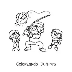 Imagen para colorear de un padre y sus hijos pescando un pez