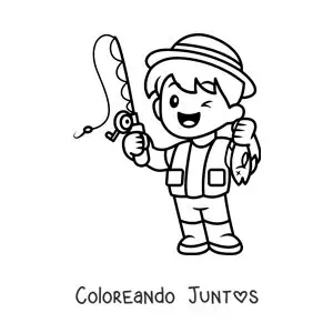 Imagen para colorear de un niño pescador kawaii animado