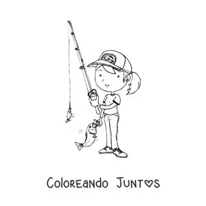 Imagen para colorear de una chica animada pescando un pez con una caña