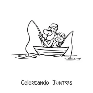 Imagen para colorear de una caricatura de un pescador con su hijo en un bote