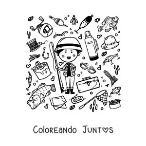 Imagen para colorear de un pescador animado con instrumentos de pesca