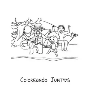 Imagen para colorear de una familia animada pescando en un río