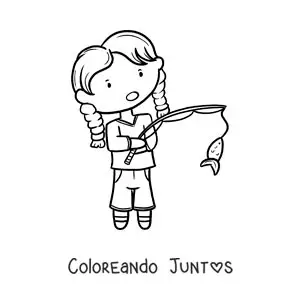 Imagen para colorear de una niña pescando un pez con una caña