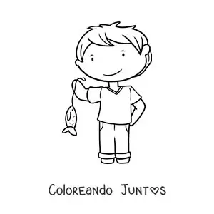 Imagen para colorear de un niño con un pez que pescó