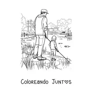 Imagen para colorear de un padre y su hijo pescando en un lago en estilo realista