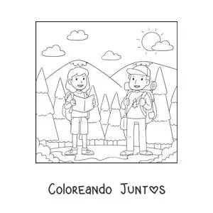 Imagen para colorear de una pareja de excursionistas en un paseo por la montaña