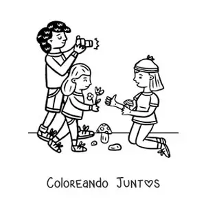 Imagen para colorear de una familia de paseo fotografiando la naturaleza