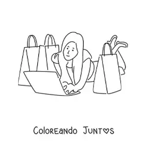 Imagen para colorear de una chica comprando mucha ropa online en su laptop