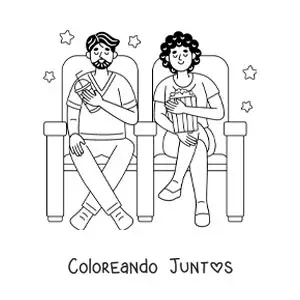 Imagen para colorear de una chica y un chico con palomitas en el cine