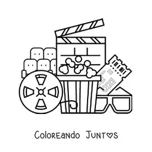 Imagen para colorear de palomitas, lentes una entrada y otros elementos de cine
