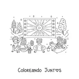 Imagen para colorear de niños viendo una proyección al aire libre