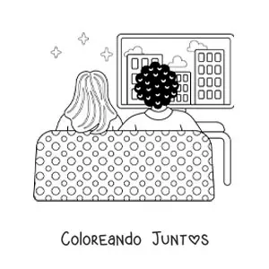 Imagen para colorear de una pareja viendo películas en casa