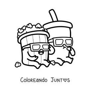 Imagen para colorear de palomitas de maíz y soda del cine animados kawaii
