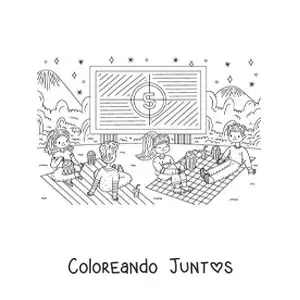 Imagen para colorear de parejas jóvenes viendo una película al aire libre en un parque