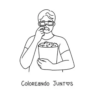 Imagen para colorear de un chico con gafas 3d comiendo palomitas