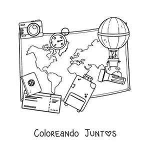 Imagen para colorear de mapa, maleta, boletos y otros elementos de viajes