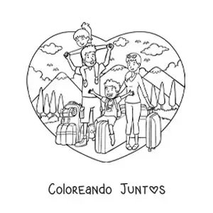 Imagen para colorear de una familia con niños con maletas de viaje en la naturaleza