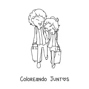 Imagen para colorear de una pareja kawaii de viaje con maletas