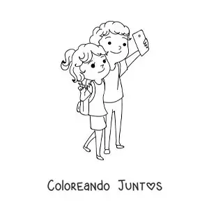 Imagen para colorear de una pareja kawaii de mochileros tomando una selfie
