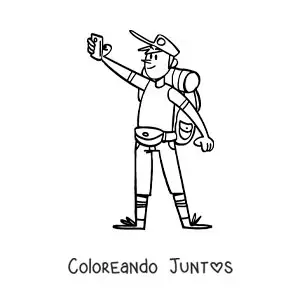 Imagen para colorear de una caricatura de un mochilero tomando una selfie