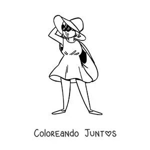 Imagen para colorear de una caricatura de una chica turista en la playa con lentes de sol