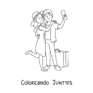Imagen para colorear de una pareja de turistas tomando una selfie