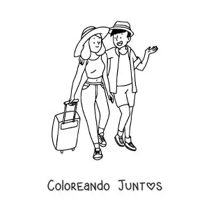 Imagen para colorear de una pareja de turistas caminando con su equipaje