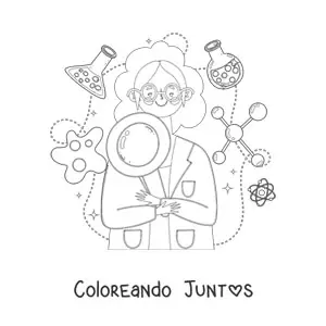 Imagen para colorear de una mujer científico rodeada de instrumentos de ciencia