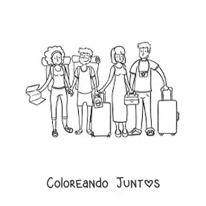 Imagen para colorear de un grupo de amigos de vacaciones con maletas