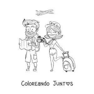 Imagen para colorear de una caricatura de una pareja de turistas