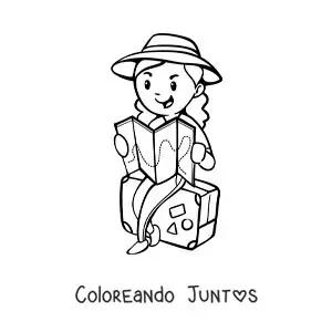 Imagen para colorear de una turista sentada en su maleta leyendo un mapa