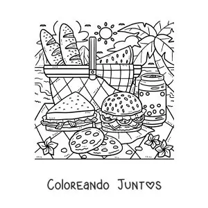 Imagen para colorear de una cesta de pícnic en la playa con un sandwich y una hamburguesa