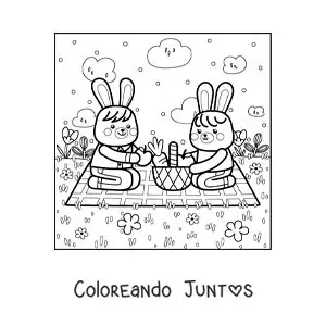 Imagen para colorear de dos conejos animados kawaii en un pícnic en el parque