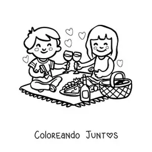 Imagen para colorear de dos enamorados animados kawaii en un pícnic