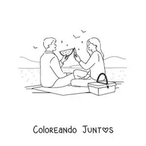 Imagen para colorear de una pareja comiendo sandía en un pícnic
