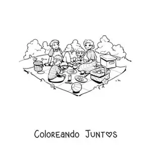 Imagen para colorear de una familia con niños comiendo en un pícnic en el parque