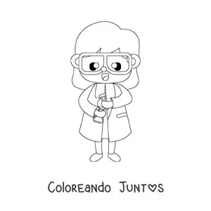 Imagen para colorear de una mujer científico kawaii sujetando un tubo de ensayo