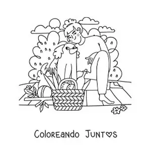Imagen para colorear de una chica con su perro en un pícnic en el parque