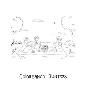 Imagen para colorear de tres amigos en un pícnic en el parque