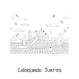 Imagen para colorear de una canasta con alimentos en un mantel de pícnic