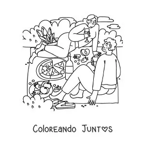 Imagen para colorear de una pareja en un pícnic comiendo pizza