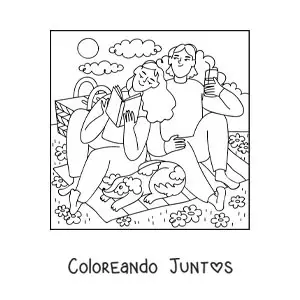 Imagen para colorear de una pareja leyendo en un pícnic con su perro