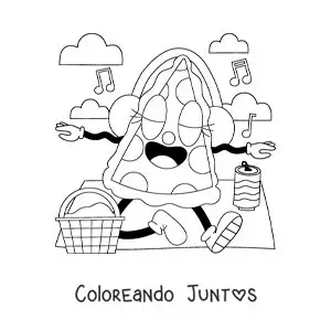 Imagen para colorear de una caricatura de un trozo de pizza animado en un pícnic